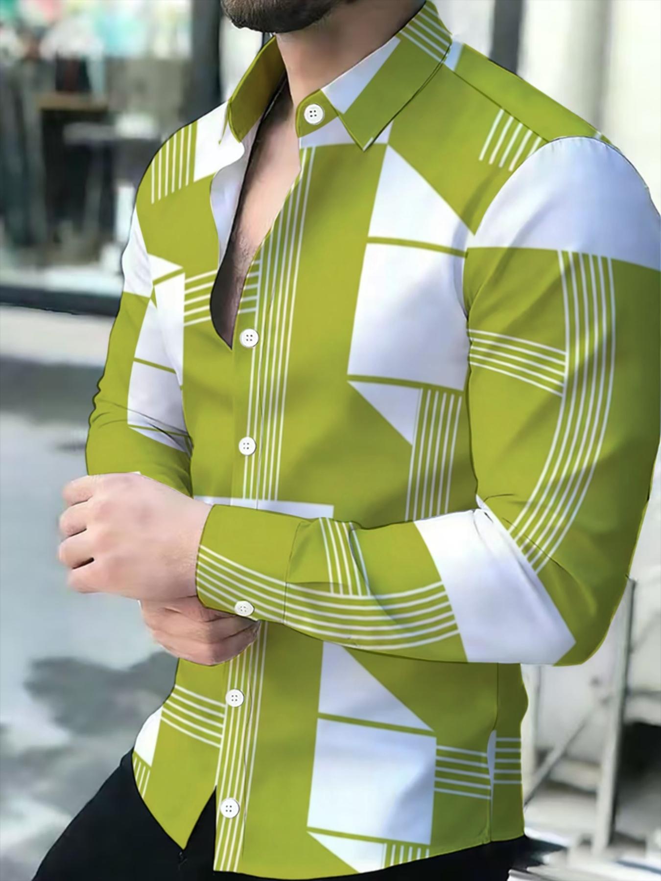 Men's Green Spliced Striped Long Sleeve Shirt, Business Casual Slim Fit, Trendy Plaid Design Men's Top