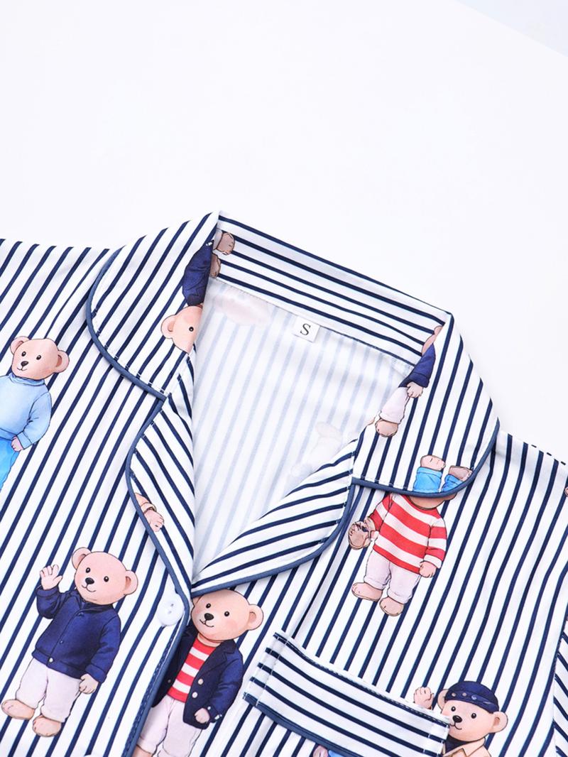 Women's Fall Winter Pajama Set, Cute Bear Print, Comfortable Lapel Top & Elastic Pants, Casual Homewear, Ladies Sleepwear Series