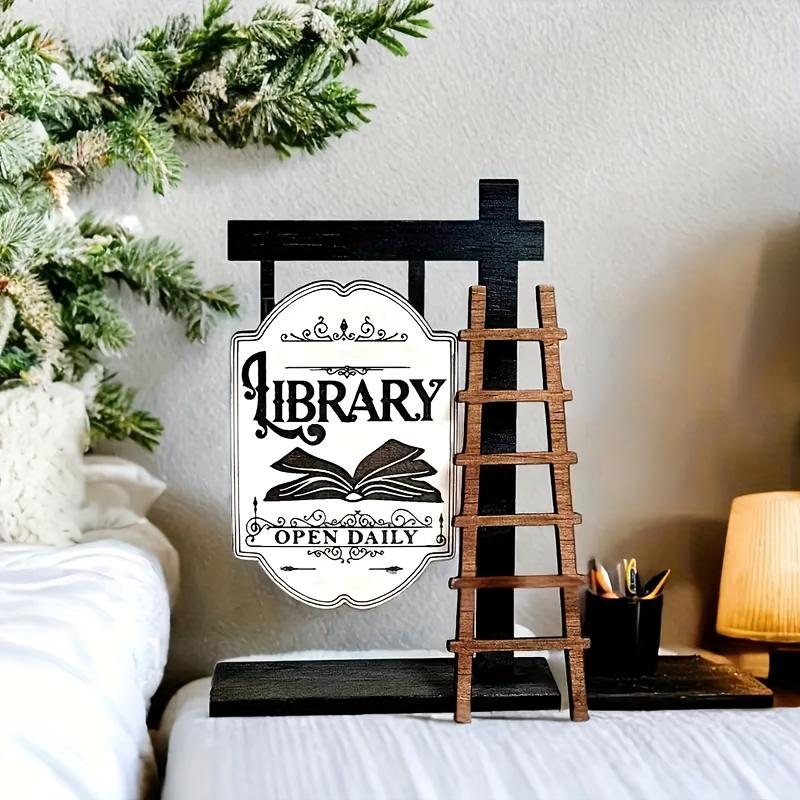Vintage Wooden Library Sign, Elegant Shelf Design, Mini Desktop Decor, English Text, Home and Office, Desk Accessories, Book Decoration