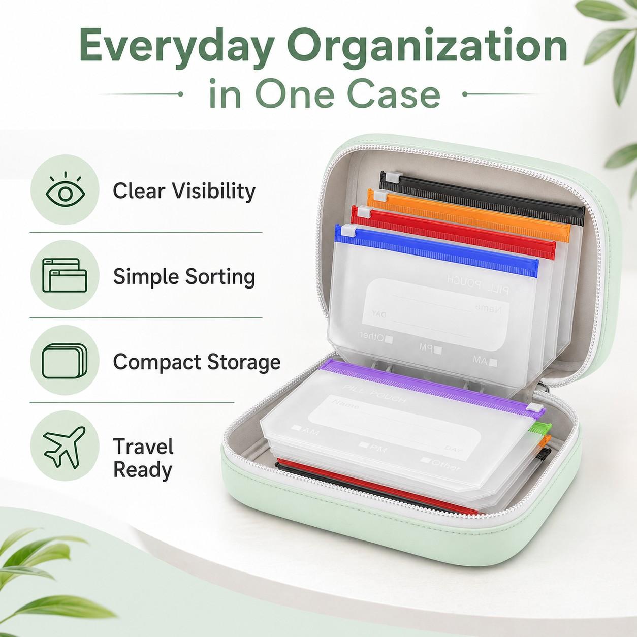 Waterproof Pill Organizer and Pouch Set, Travel Medicine Organizer with 14 Color-Coded Pouches, Leakproof Reusable Zippered Storage Case, Compact Daily Pill Holder, Portable Vitamin Organizer