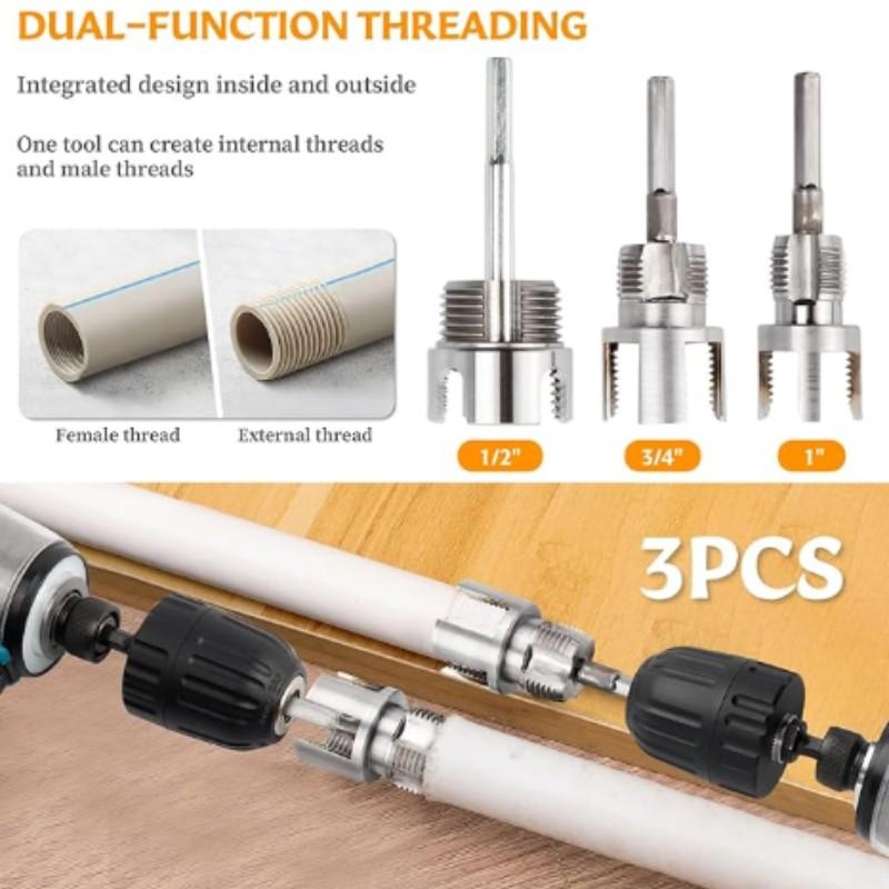Bestgle Dual Function Pipe Thread Cutting Tool Set, Fits 1/2", 3/4", 1" PVC/polyurethane Pipes, Electric Drill Drive Tube Tap Kit