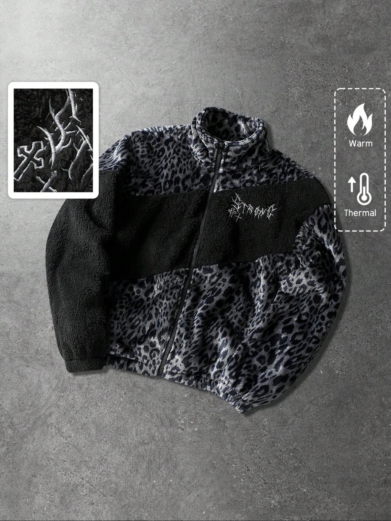 Men's Leopard Print Patchwork Jacket Coat, Fall Winter Fleece Lined Thickened, Casual Style, Unisex Design