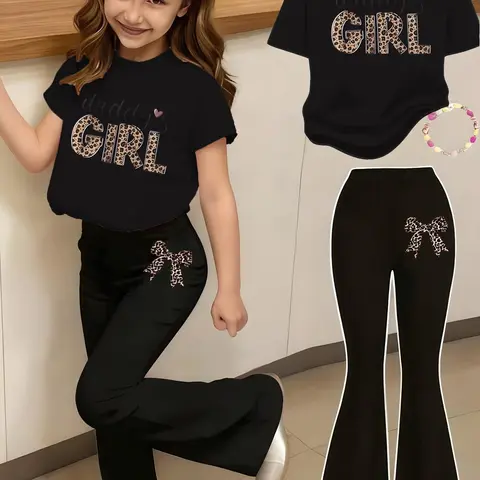 Girls' Leopard Bow Print 2-Piece Set, Coordinate Set, Casual Sporty Short Sleeve Top and Bell Bottom Pants, Comfortable Elastic Waist, Spring Summer, Clothes Kids Summer Clothing Set