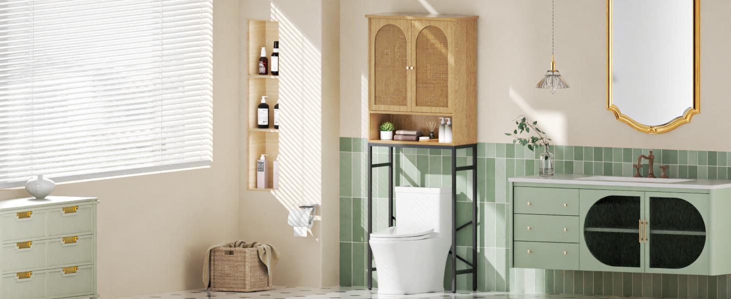 Vabches Rattan Toilet Storage Cabinet, Over the Rack Wood Cabinet with Metal Stand, Bathroom Organizer with Adjustable Shelf, Tall Freestanding Washer Shelf, Small Cupboard, Space Saver, Natural style Apartment Furniture