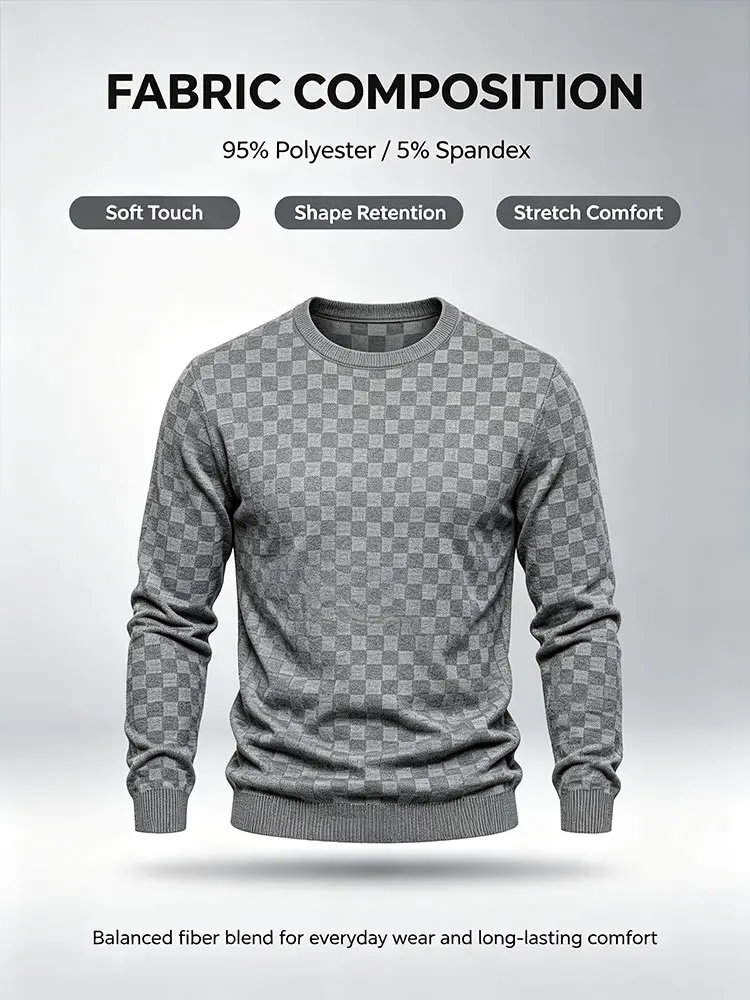 4-Pack Men's Plaid Knit Sweatshirts, Textured Grid Pattern Long Sleeve, Soft Lightweight Casual Top, Ideal for Fall Winter Streetwear