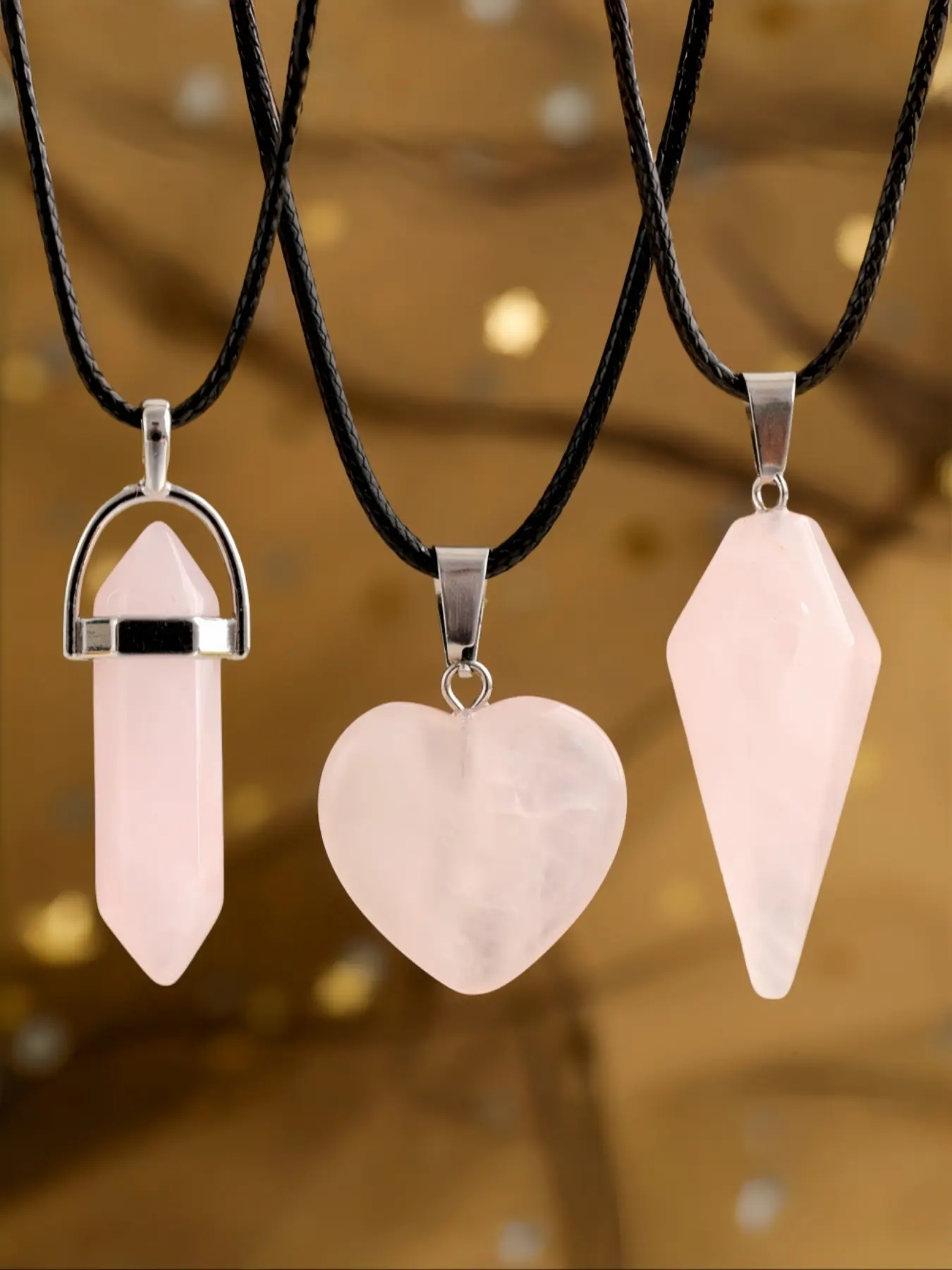 3pcs Natural Crystal Set, Rose Quartz Necklace Set, Women's Quartz Pendant Jewelry, Spiritual Energy, Birthday Gift, Holiday Gift