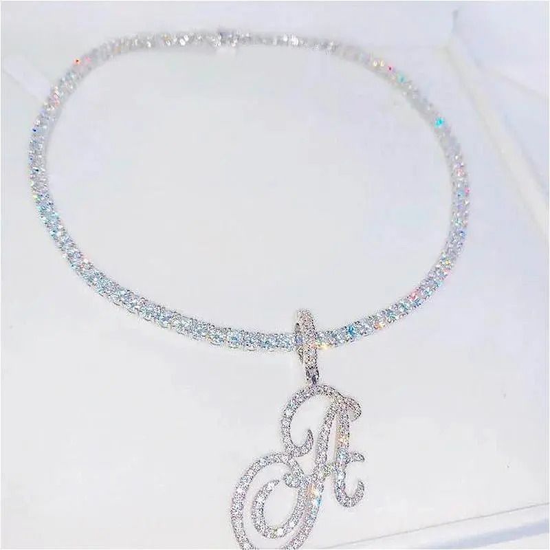 2025 New A-Z Cursive Letters Name Pendant Necklace Iced Out Bling 5A+ Cubic Zircon CZ Silver Color Letters Charm HipHop Jewelry