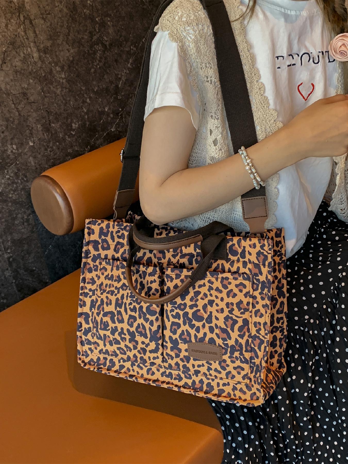 Fashion Leopard Pattern Adjustable Tote Bag, Casual Letters Patched Decor Shoulder Bag for Women, Trendy All-match Commuter Bag, Handbag Shoulder Bag