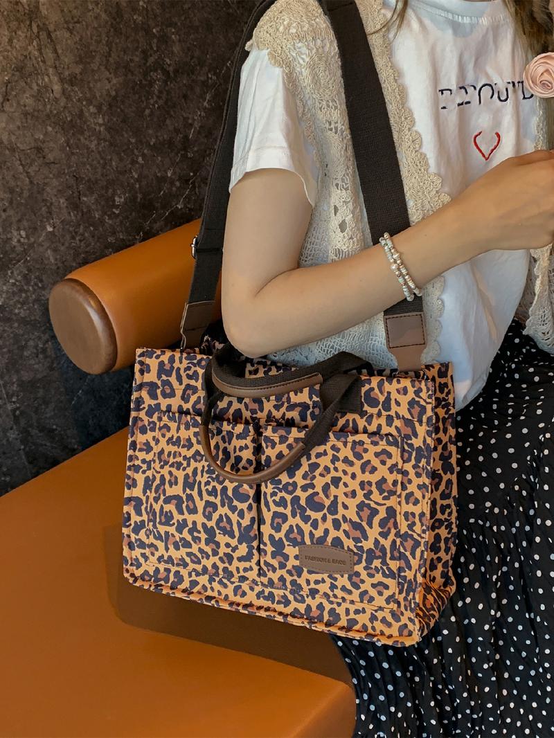 Fashion Leopard Pattern Adjustable Tote Bag, Casual Letters Patched Decor Shoulder Bag for Women, Trendy All-match Commuter Bag, Handbag Shoulder Bag