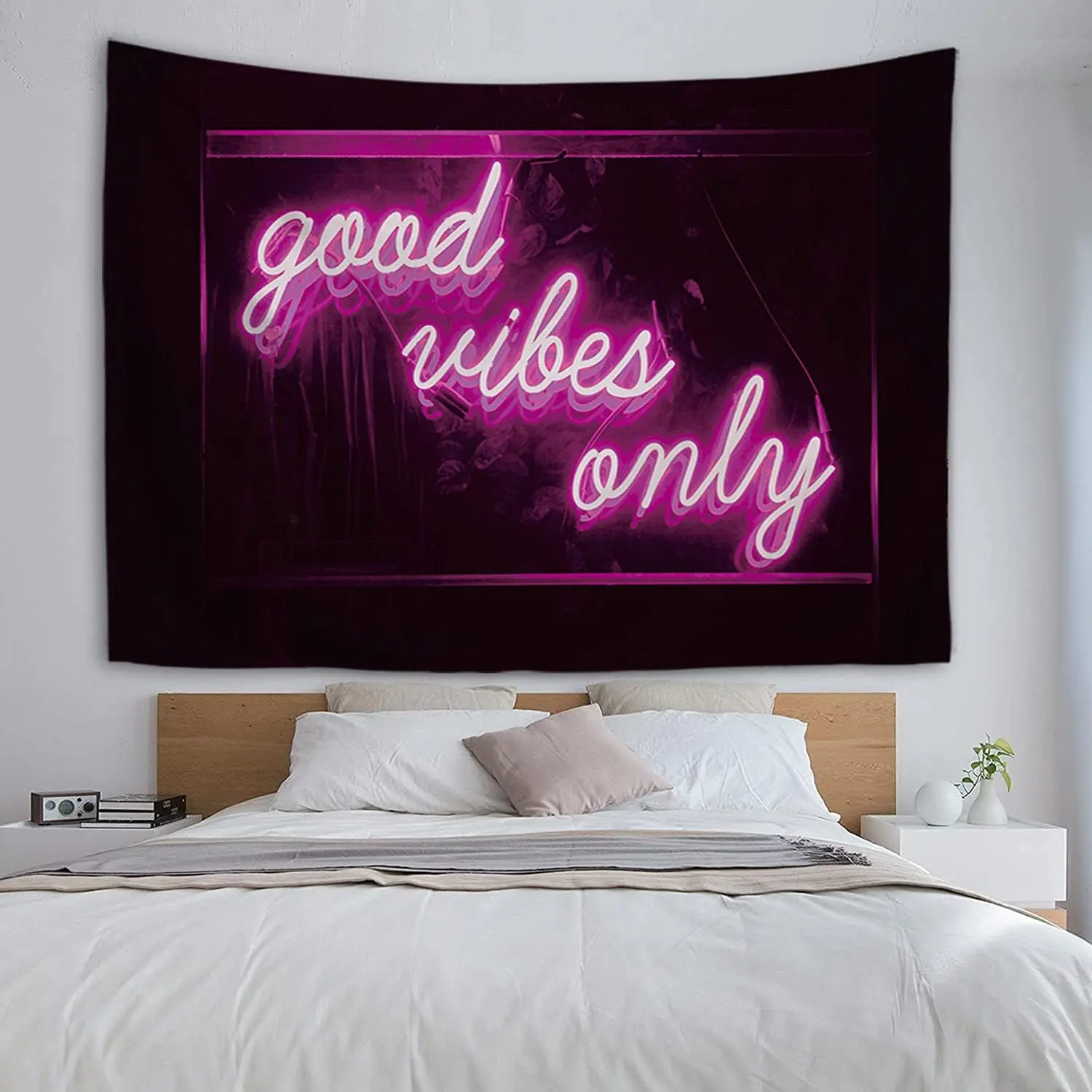 Durable Green Neon LED Light "Good Vibes Only" Wall Tapestry (50x60in) - Inspirational Brightening Indoor Decor, Led Lights Apartment Accent, Glam Modern Room Art