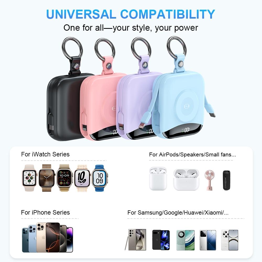 10000mAh Mini Wireless watch charger with Digital Display & Finger Ring Stand, PD20W Fast Charging Battery Pack for iPhone 15/14/13/12/11/Pro/Pro Max, Samsung Android Phones, Includes Type-C and iOS Cables