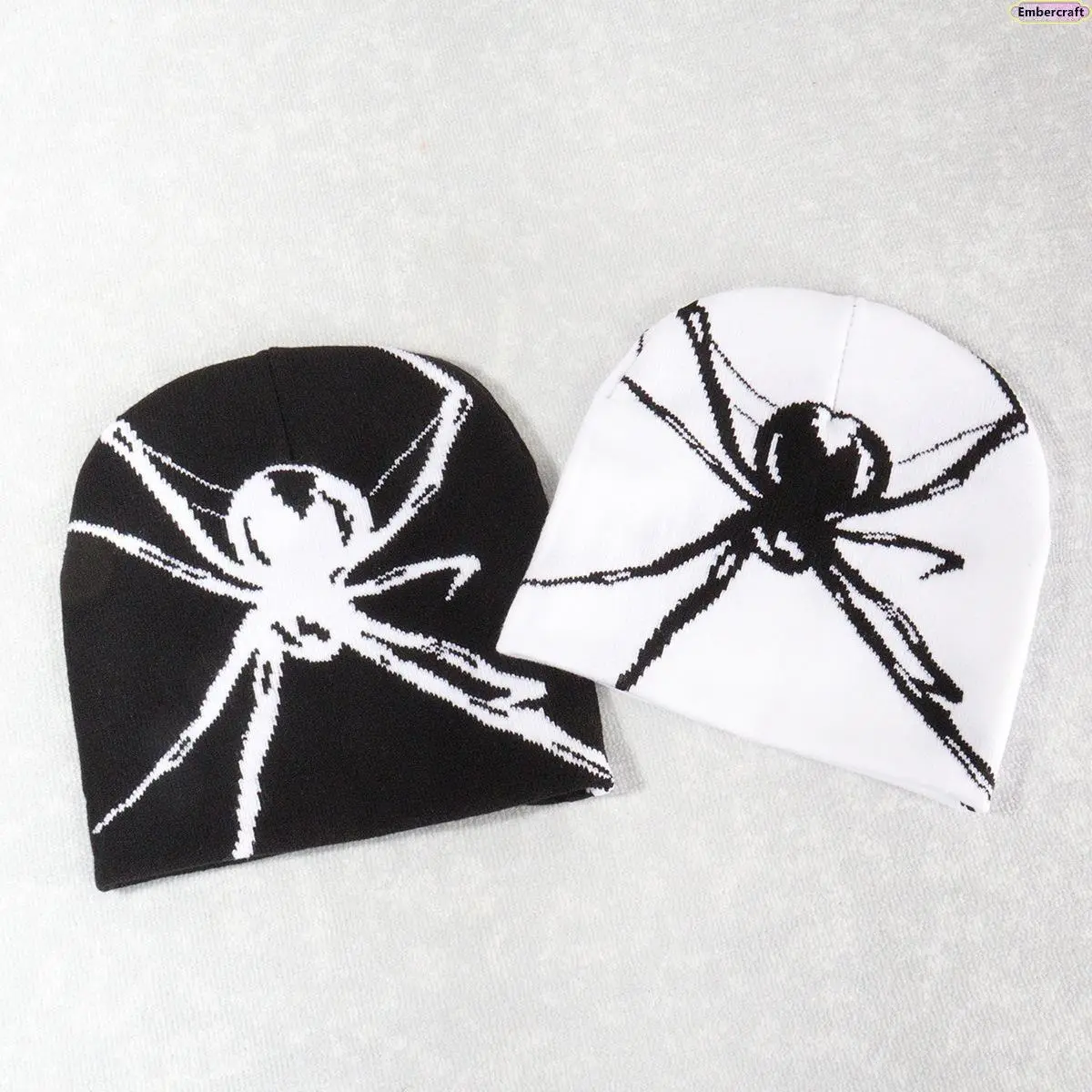 Gothic Spider Print Beanie, Unisex Jacquard Knit Winter Cap in Soft, Stretchy Fabric for Cozy Warmth, One Size Fits All, Male