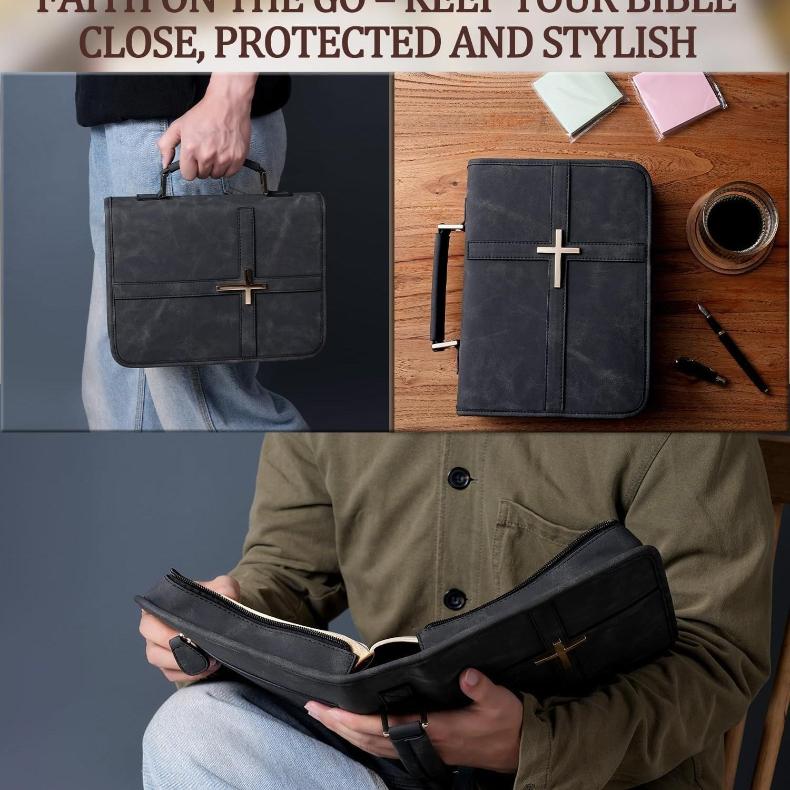 Classic Vegan Leather Bible Cover with Metal Cross Design Handle Zipper Bible Case Organizer Bag Durable Bible Study Supplies Carrying Bag for Men Women Christian Religious Daily Use Black