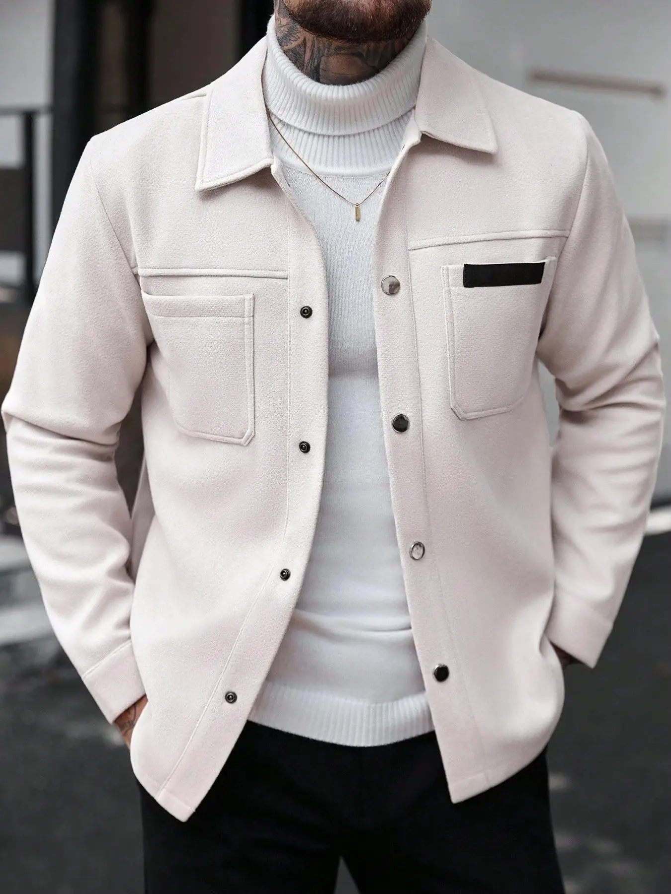 Men's Jacket Coat, Workwear Classic Style Long Sleeve, Shirt Collar with Button Front, Dual Chest Pockets, Loose Fit Casual Outerwear