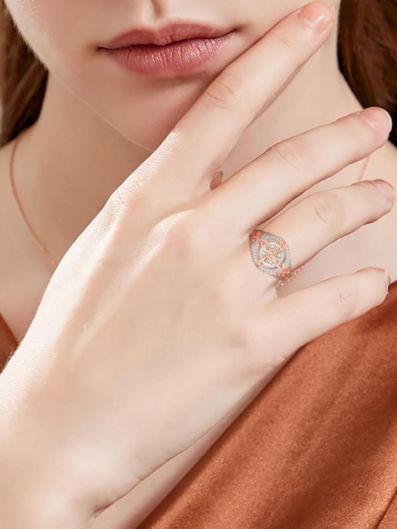 Women's Silver Color Rose Gold Witch Knot Ring, Celtic Knot Design, Embedded Cubic Zirconia Stone, Elegant Jewelry Accessory