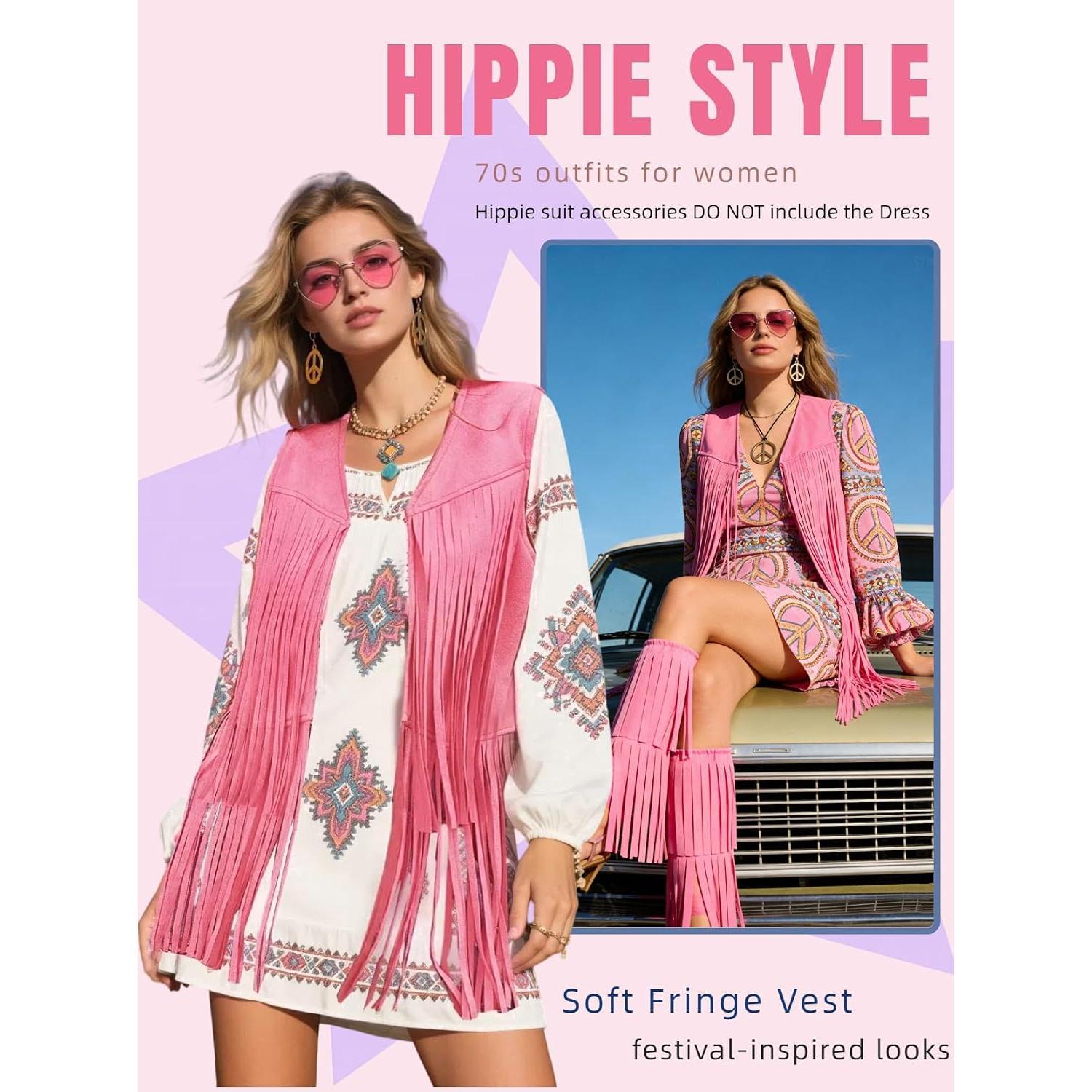 Women's 60s-70s Retro Bohemian Hippie Halloween Costume Set (5-Piece) - Fringe Vest, Turquoise Earrings, Headband, Necklace, Boot Covers, Colorful Statement Accessories with Aesthetic Style, Peace Sign