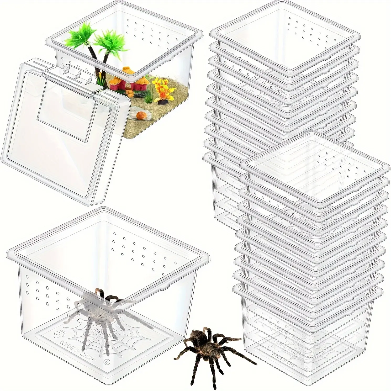 20 Plastic-Insect & Reptile Breeding Boxes, Stackable Square Design, Ventilated Lid, Divider, Easy-Open Door, Ideal for Spiders, Lizards, Tortoises, Centipedes