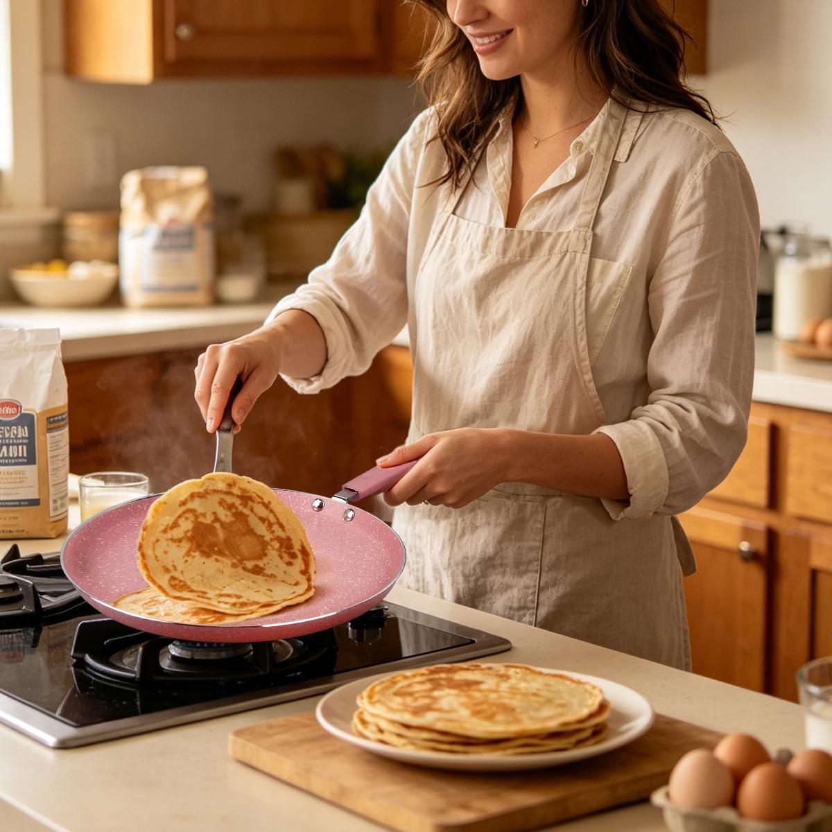 10.2 Inch Non-Stick Marble Crepe Pan, Flat Griddle Pancake Skillet, Compatible with Induction & Gas Stoves, Easy Clean Breakfast Cooking Pan