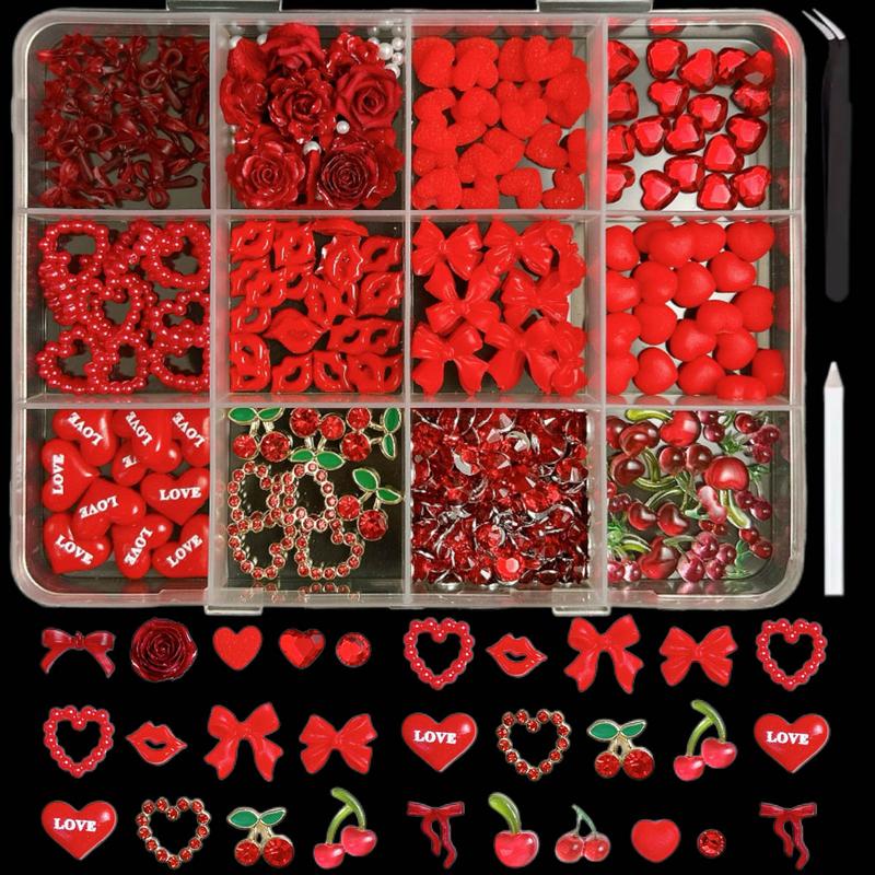 1 Box Valentine's Day Red Nail Charms 3D Creative Resin Heart Bow Mouth Alloy Cherry Nail Art Decorations DIY Festive Manicure Supplies for Women & Grils