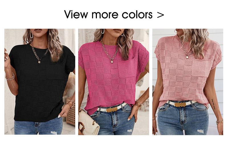 Shewin 2026 Spring/Summer Women's Cap Sleeve Sweater Vest Casual Crewneck Knit Short Sleeve Tops Lightweight T Shirts with Pocket Womenswear Fitted Basic Batwing Sleeve - Shortsleeve