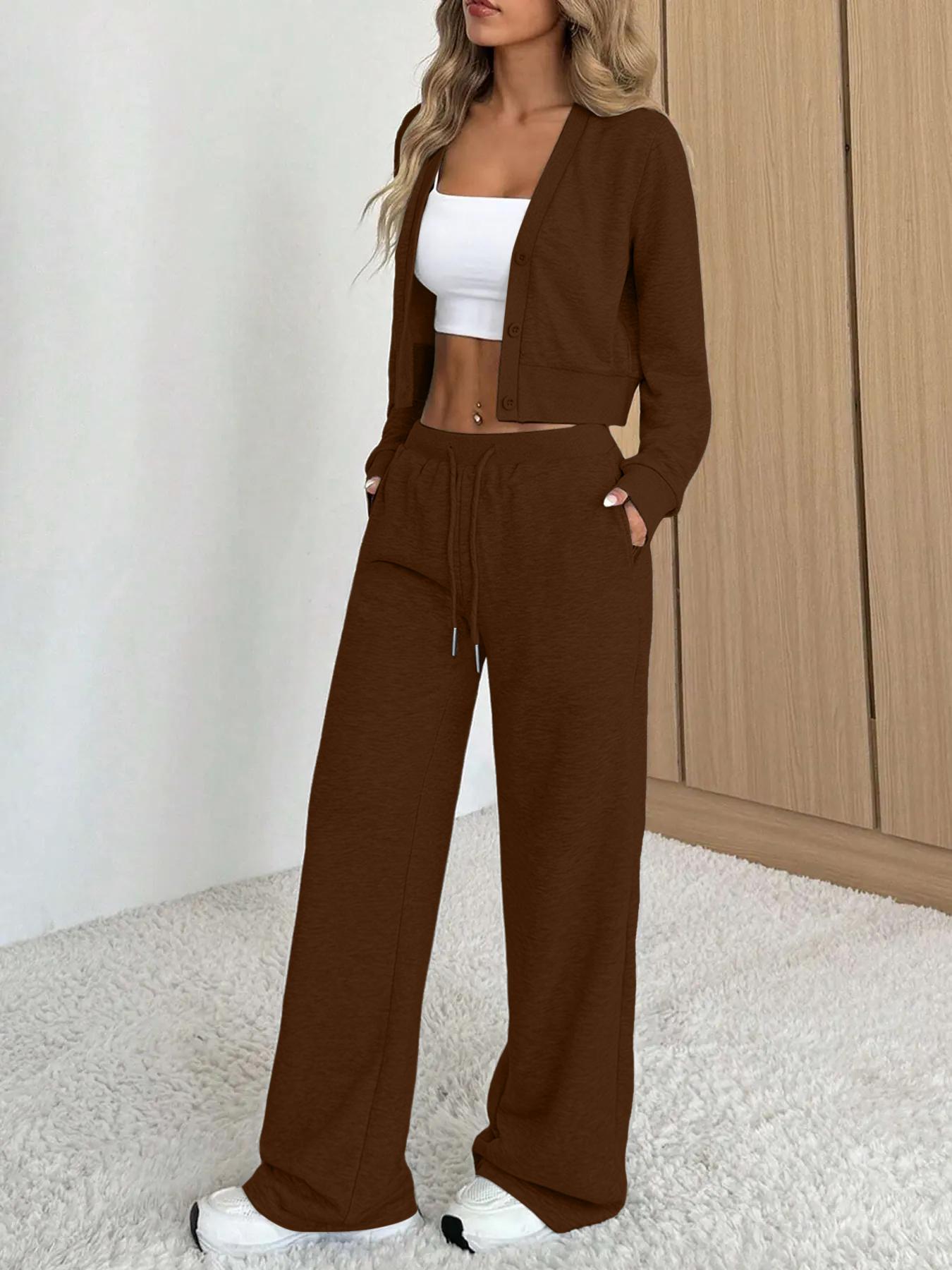 Women's Long Sleeve Jacket & Pants Set, Casual Fitted Fashion for Fall Winter, Comfortable Daily Wear, Versatile Style