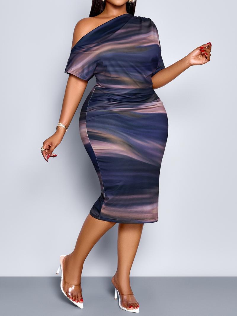 Women's Elegant Tie-Dye Gradient Bodycon Dress, Asymmetrical Neckline High Waist Split Back Long Party Dress, Plus Size Fashion