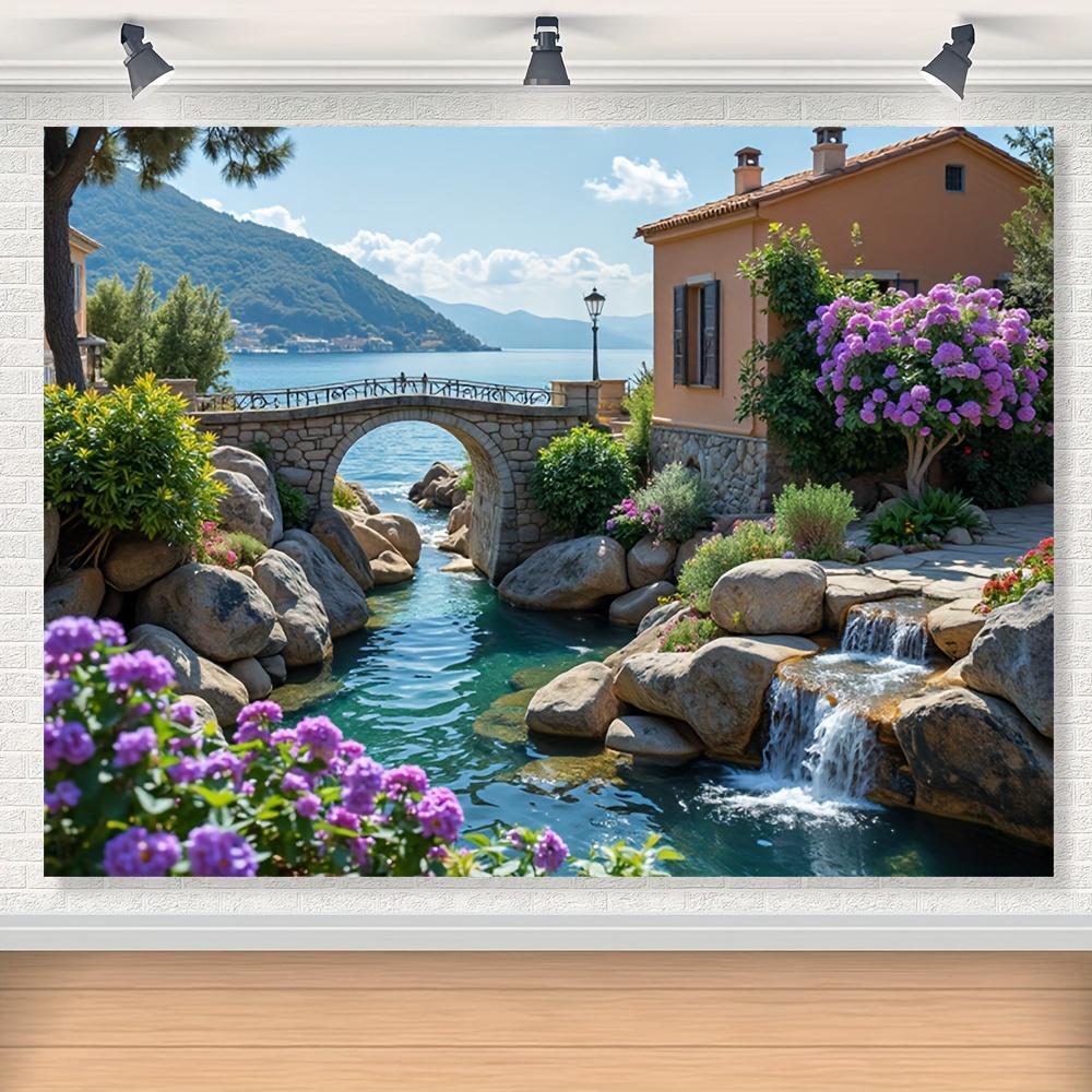 1pc Italian-Style Seascape Backdrop - Vibrant Coastal Scene with Stone Bridge, Lush Gardens, and Mediterranean House - Perfect for Birthday Parties, Photo Studios, and Outdoor Decor - Polyester