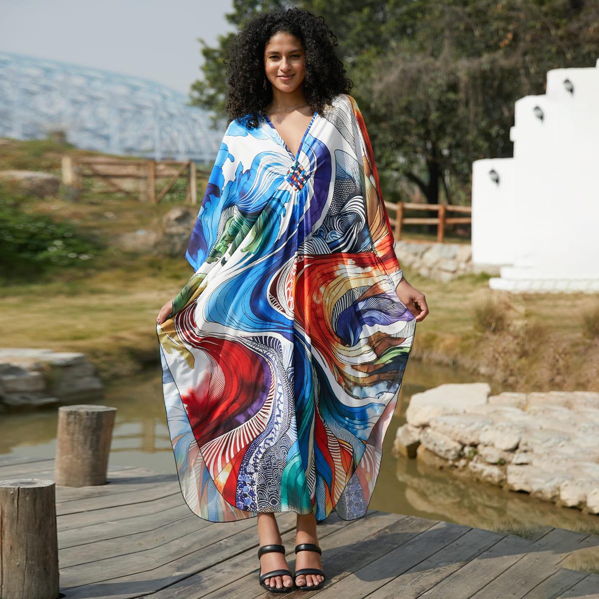 Bsubseach Women Ethnic Print Kaftan Beach Dress Plus Size Swimsuit Cover Up