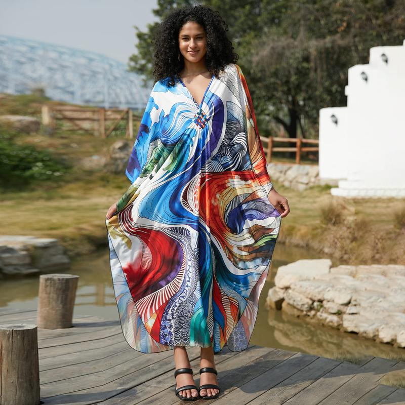Bsubseach Women Ethnic Print Kaftan Beach Dress Plus Size Swimsuit Cover Up