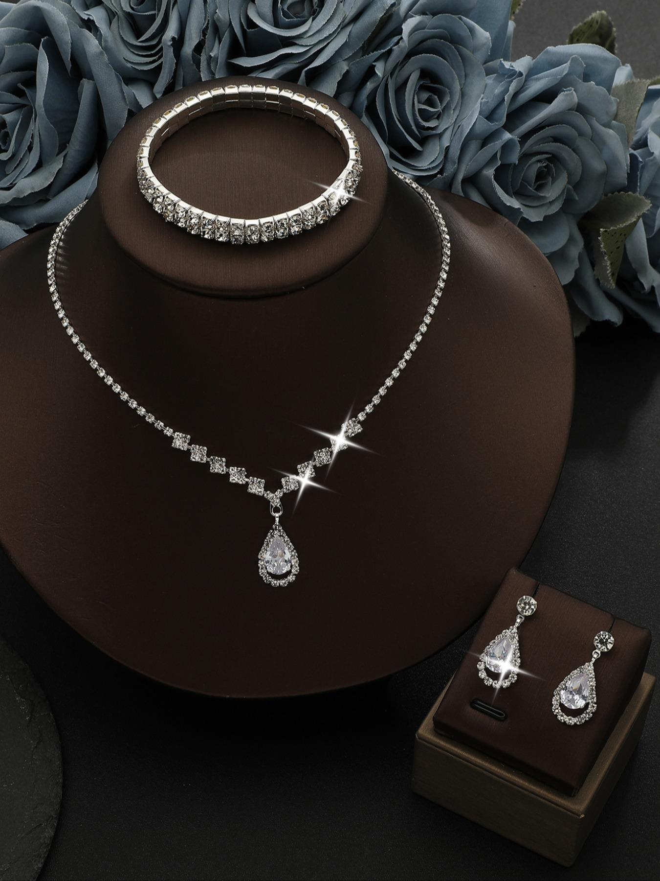 Vintage Luxurious Full Diamond Tennis Chain Set, Teardrop Pendant Necklace Earrings Bracelet, Wedding Accessories, Casual All-Season Jewelry