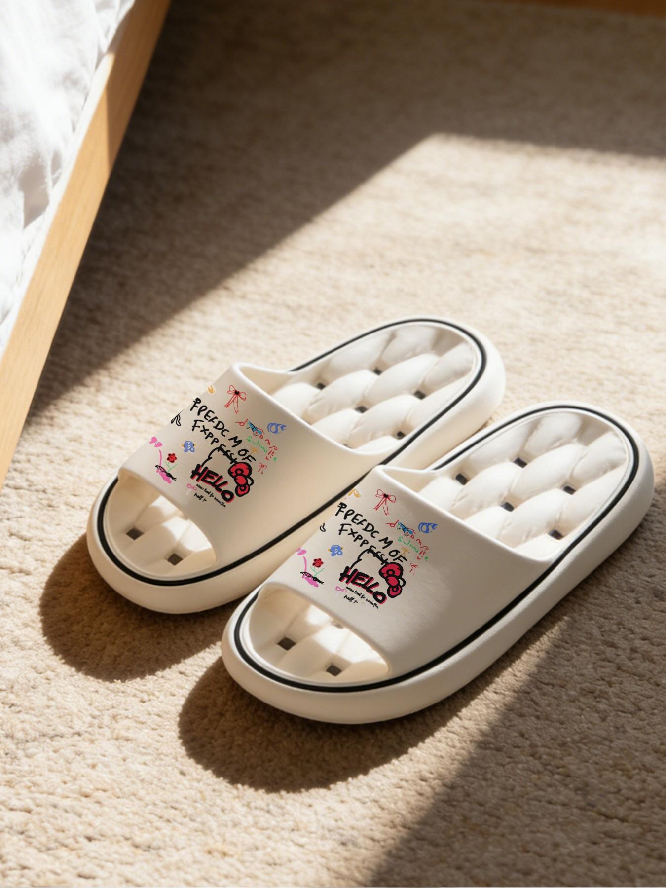 1 Pair Graffiti Letter Bow Themed Printed Hollow Massage Thick Sole Slippers, Sweet Cool Personality Style, Non-slip Soft Sole, Quick-dry for Bathroom, Indoor & Outdoor Dual-use, Open Toe Slides, Bathroom Casual Slippers