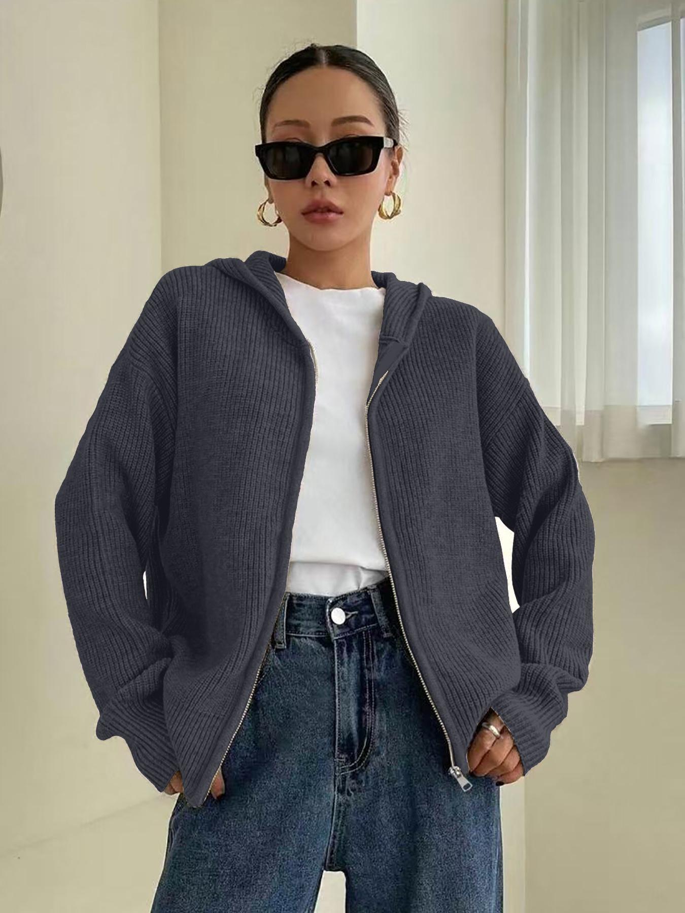 Women's Solid-Color Zip-Up Hooded Cardigan, Casual Fit Long Sleeve Knitwear for Fall & Winter, Ladies' Fashion Sweater for Daily Wear
