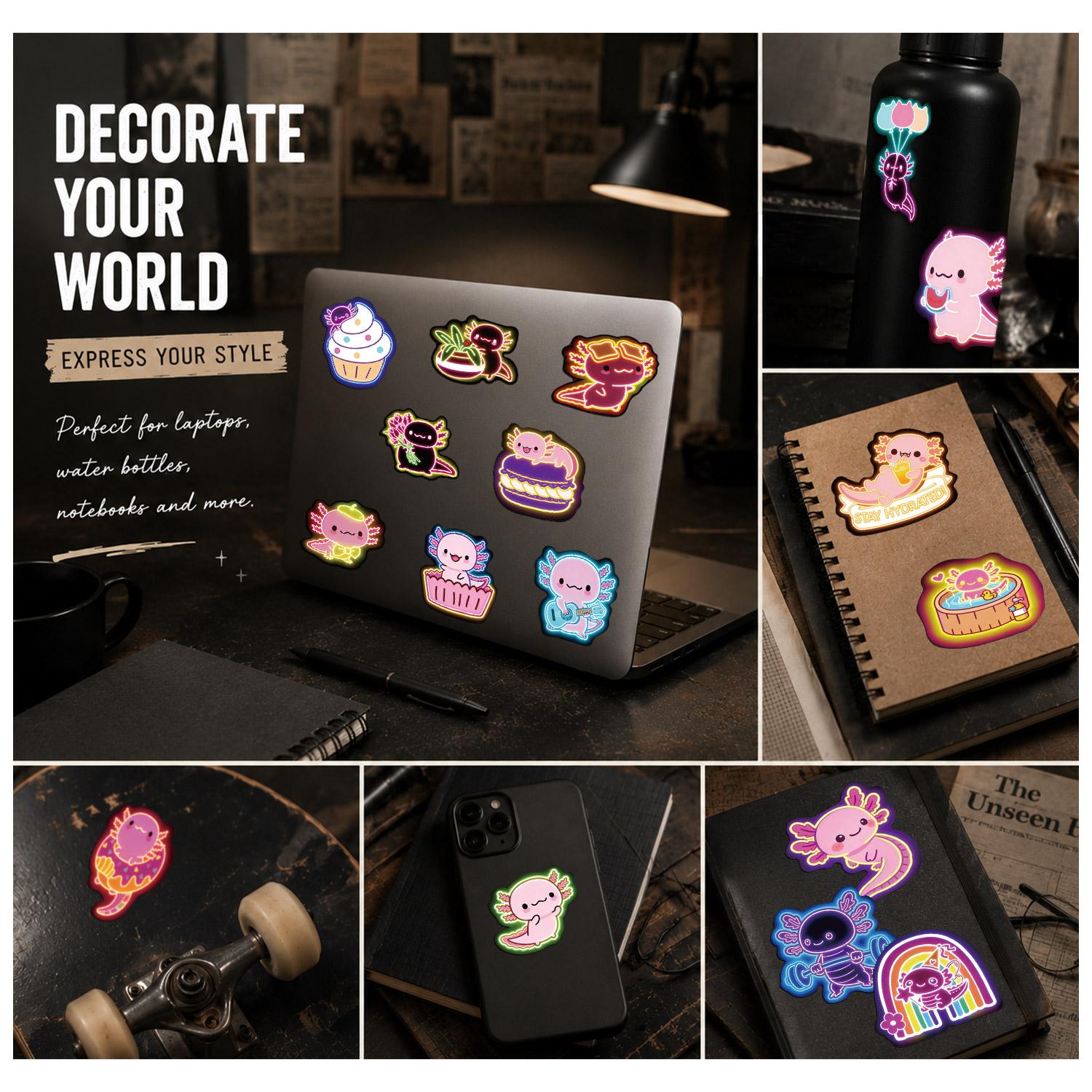50pcs*5packs Neon Axolotl Aesthetic Vinyl Stickers Pack for Laptop Water Bottle Phone Case Skateboard Journal Scrapbook DIY Decoration