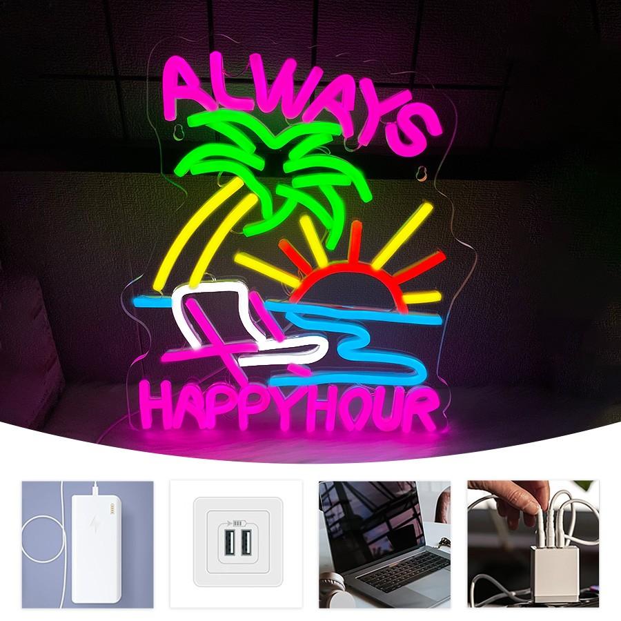 Always Happy Hour Neon Sign, Beach Neon Signs for Wall Decor, Palm Tree Led Light Up Signs for Bedroom Bar Club Pub Man Cave Restaurant Party Decorations
