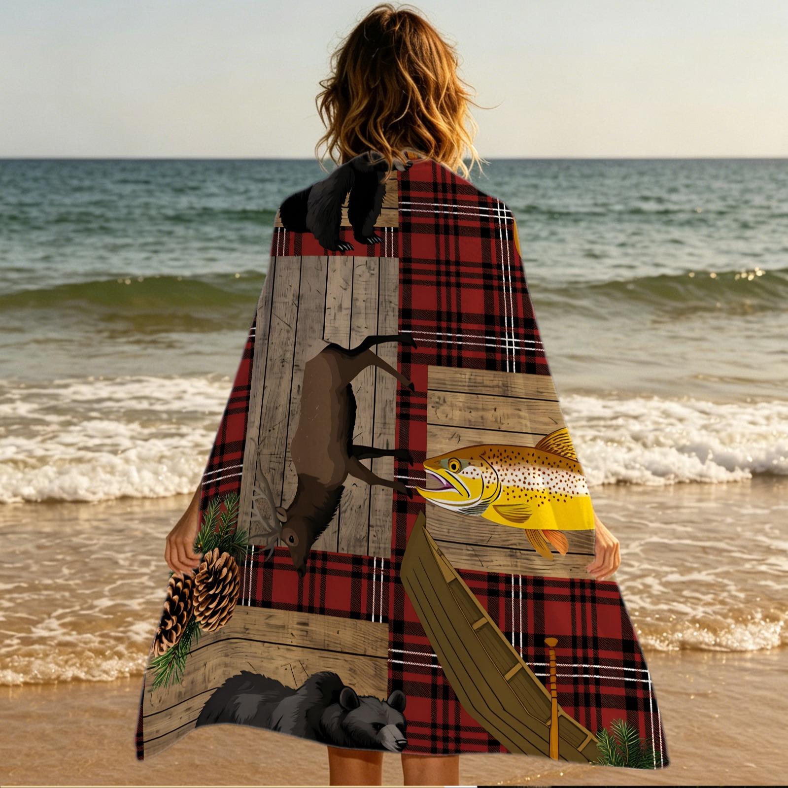Retro Log Cabin Animal Print Beach Towel, Unique Wilderness Patchwork Beach Towel, Multi‑Color Checkered Oversized Beach Towel—Absorbent and Quick‑Drying, Perfect for All Kinds of Summer Outings