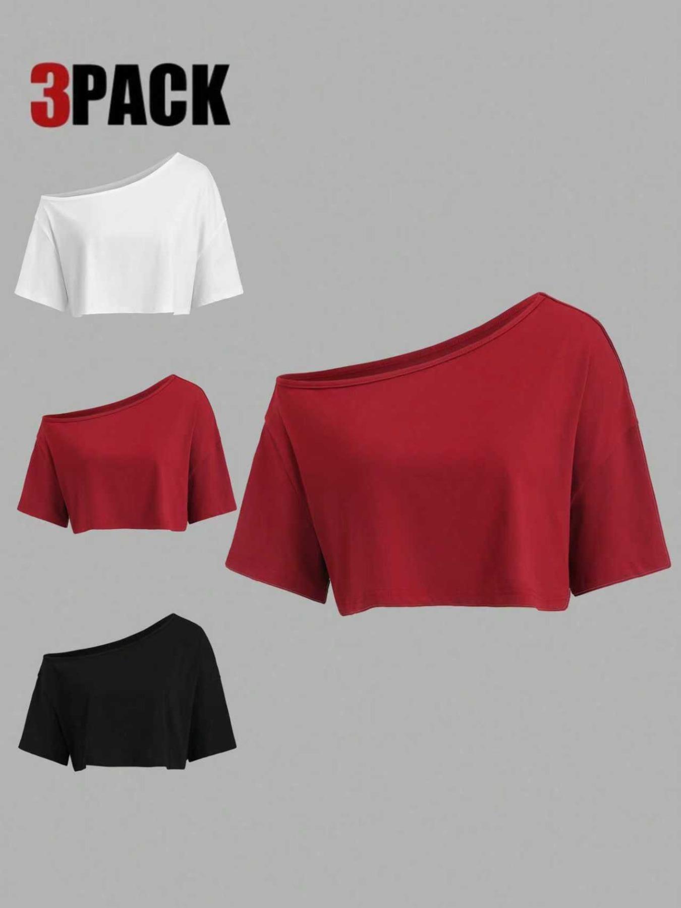 Summer Short Sleeve Off-Shoulder Graphic Top Set, Loose Fit Casual Women's Clothing, Three-Piece Fashion