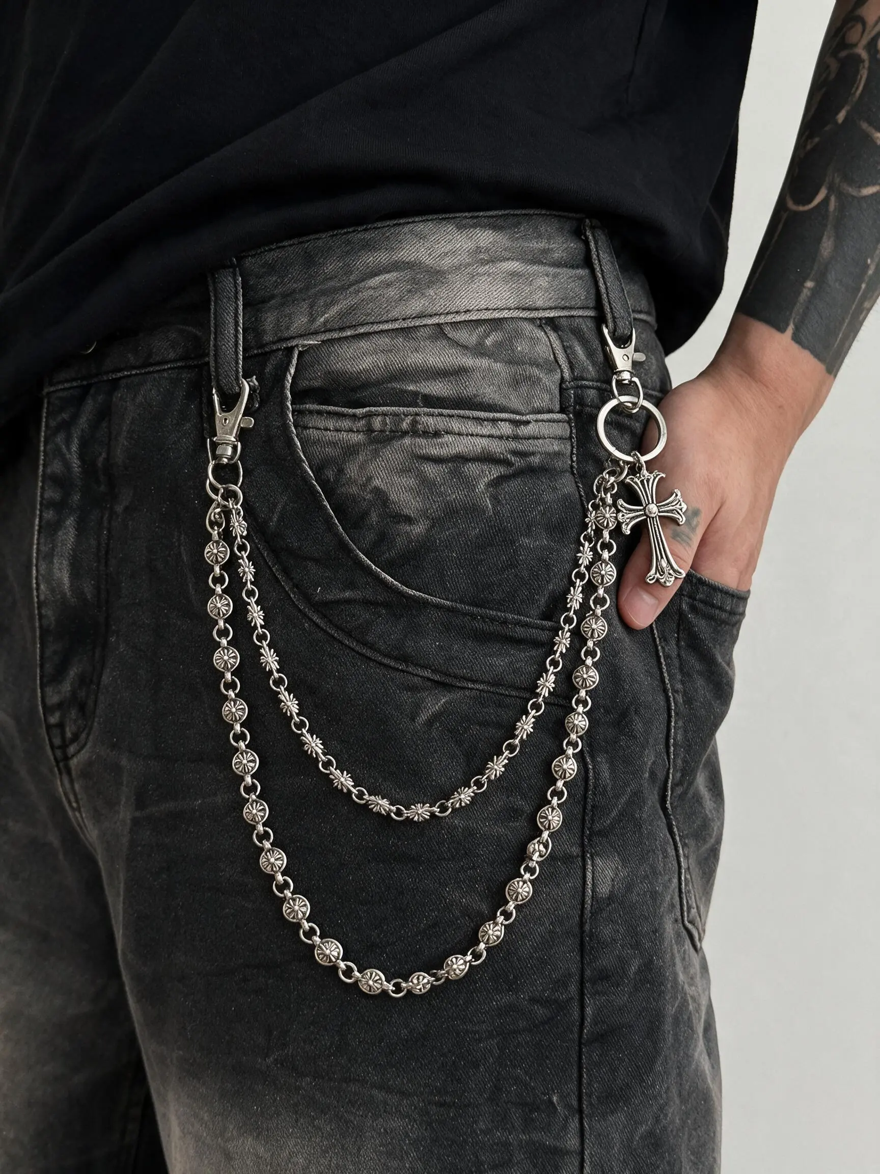 Men's Heavy Duty Stainless Steel Waist Chains - Double-Strand Punk Reversible Belt with Cross Pendant, Plain Denim Jean Trouser Accessory, Adds Instant Edge, Hip-Hop Goth Style for Concerts & Everyday Wear, 1 Size Fits Most casual style accessory