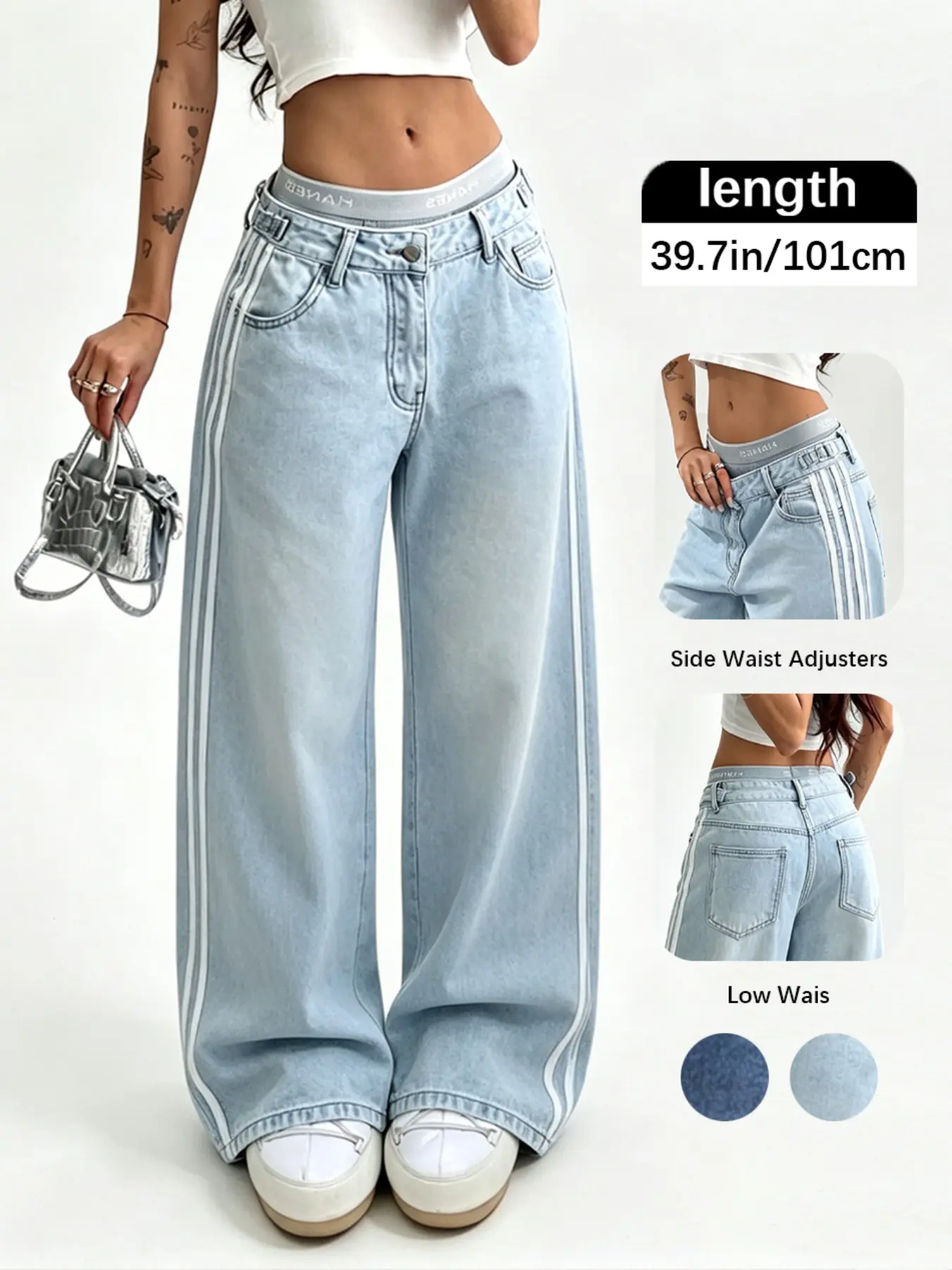 Y2K Retro Women's Denim Jeans, Light Blue Side Stripe Wide Leg Jeans, Low Waist Adjustable Waistband, Loose Fit Floor-Length Straight Pants, Button