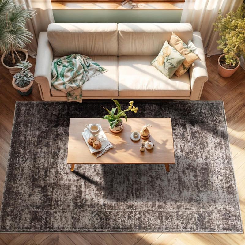 Brown Washable Vintage Faux Wool Throw Bedroom Rug, 0.3 In Low Pile & Non-Slip Indoor Floor Carpet For Home Office, Kids Room, Bedside, 4x6, 5x7, 6x9, 8x10, 9x12 Feet rugs living room
