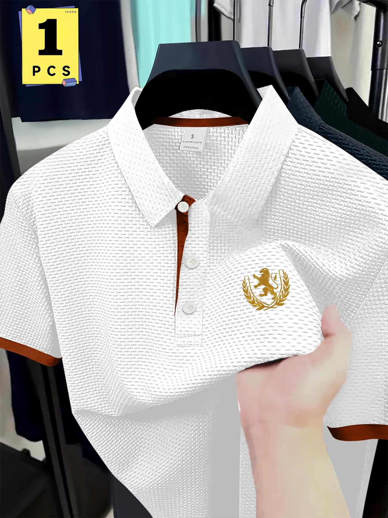 Men's Fashion Print Polo Shirt, Lion Wheat Pattern, Short Sleeve, Button Front, Breathable Fabric, Summer Casual, Golf Shirt