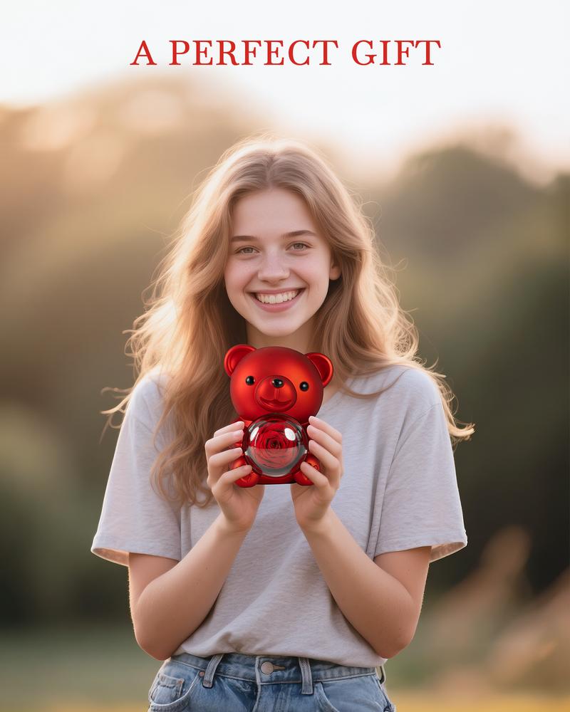 【Valentine's Day gift】 Romantic gifts- Red Real Rose Bear, Heart-Designed Ring & Exquisite Pendant Necklace with Flowers & Rhinestones, Ideal for Mom's Birthday, Wife's Anniversary, Expressing Love & Eternal Roses