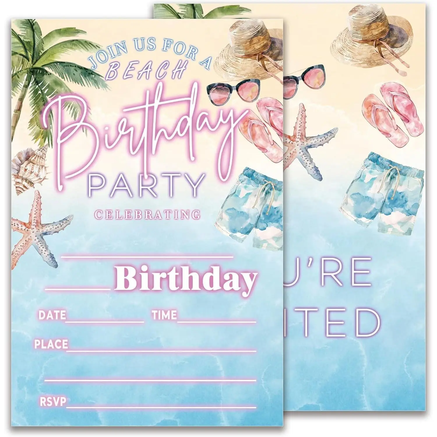 Beach Birthday Invitations Summer Party Invitations for Boys Girls Beach Theme Party 20 Double-Sided 4X6 Inch Fill-In Invite Cards with 20 Envelopes