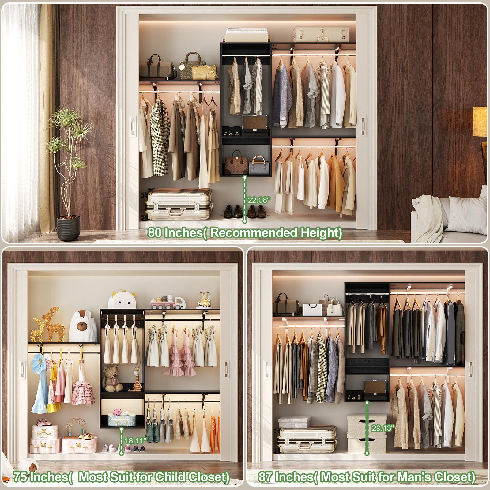 Deluxe Tower Closet Storage, 96 Inch Hanging Closet System, 8 FT Closet Organizer System with Hanging Rod, Walk In Mounted Closet System, Built-In Clothes Garment Rack with 2 Wooden Drawers & 3 Shelving Towers