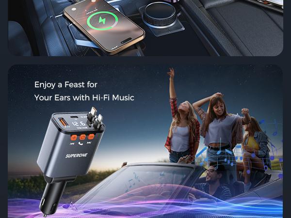 SUPERONE Bluetooth 5.3 Car Adapter with Retractable PD 30W & 12W USB Lightning Chargers FM Transmitter Radio Receiver Hands-Free Calling Music Player LED Display TikTokShopHolidayHaul USB Lightning Gift