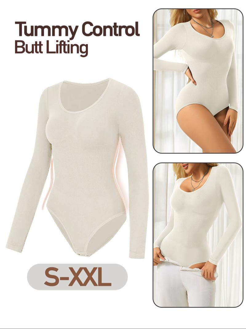 Women's Ribbed Abdomen Control Bodysuit, Long Sleeve Seamless T Shirt,Comfortable Scoop Neck Body Suit Stretchy Basic Tops, Fit Soft Elastic Fabric, Perfect For Daily Wear and  Going Out,Shapewear For Fall&Winter