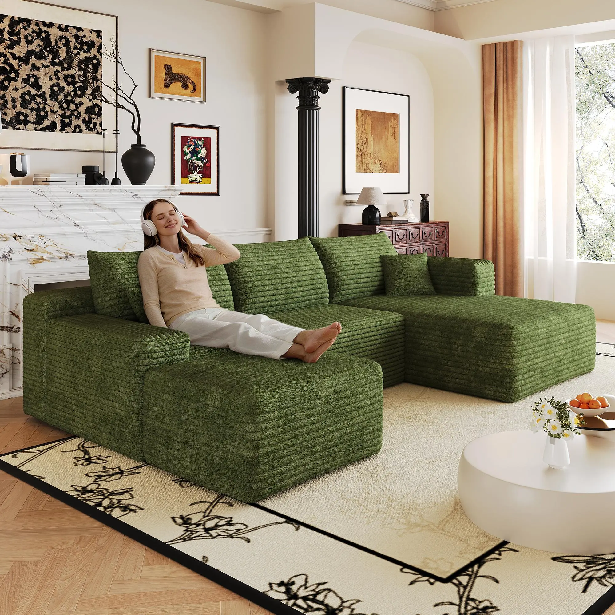 103 Inch Cloud Sectional Sofa, Modern Minimalist L-Shaped Corner Couch with Reversible Chaise, Deep Seat 4-Seater, Plush Green Corduroy Fabric, No Assembly Required