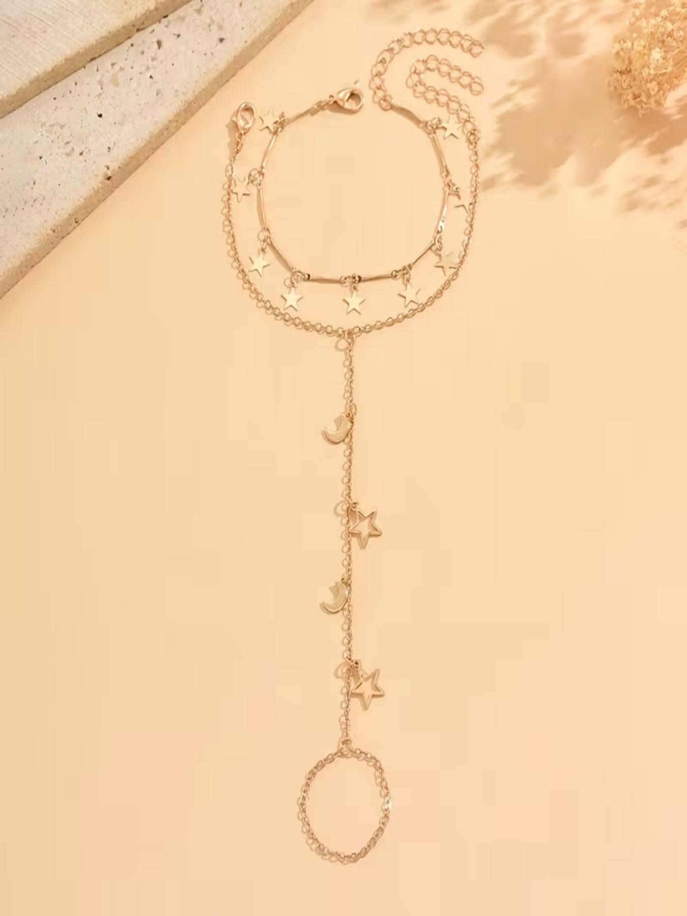 2pc Layered Bracelet, Retro Star Moon Design, Multi-Layer Connected Finger Bracelet, Casual Women's Accessory, Birthday Gift