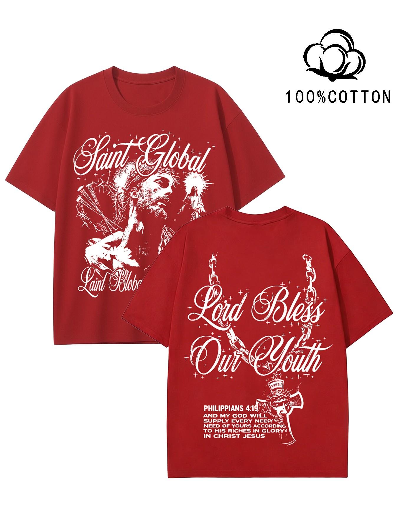 Christian Jesus Graphic Print Men's T-Shirt, 100% Cotton Loose Fit, Y2K Street Style, Casual Short Sleeve Top, Daily Wear