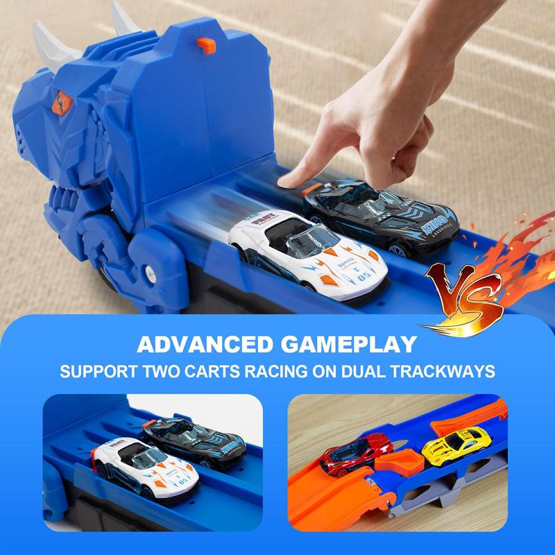 Blue/ Dinosaur Toy Car Set, Foldable Track, Includes 6 Cast Cars, Parent-Child Interactive Play, Boy Toys, Kids Birthday Gift