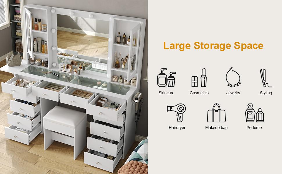 FUSOU 55"W Vanity with Power Outlet【Shipping By 2 Packages】Vanity Desk with Mirror and 10 LED Lights, Makeup Vanity with 12 Drawers and 2 Cabinets, Fold-up Panel, Glass Top Vanity Table with Chair for Bedroom